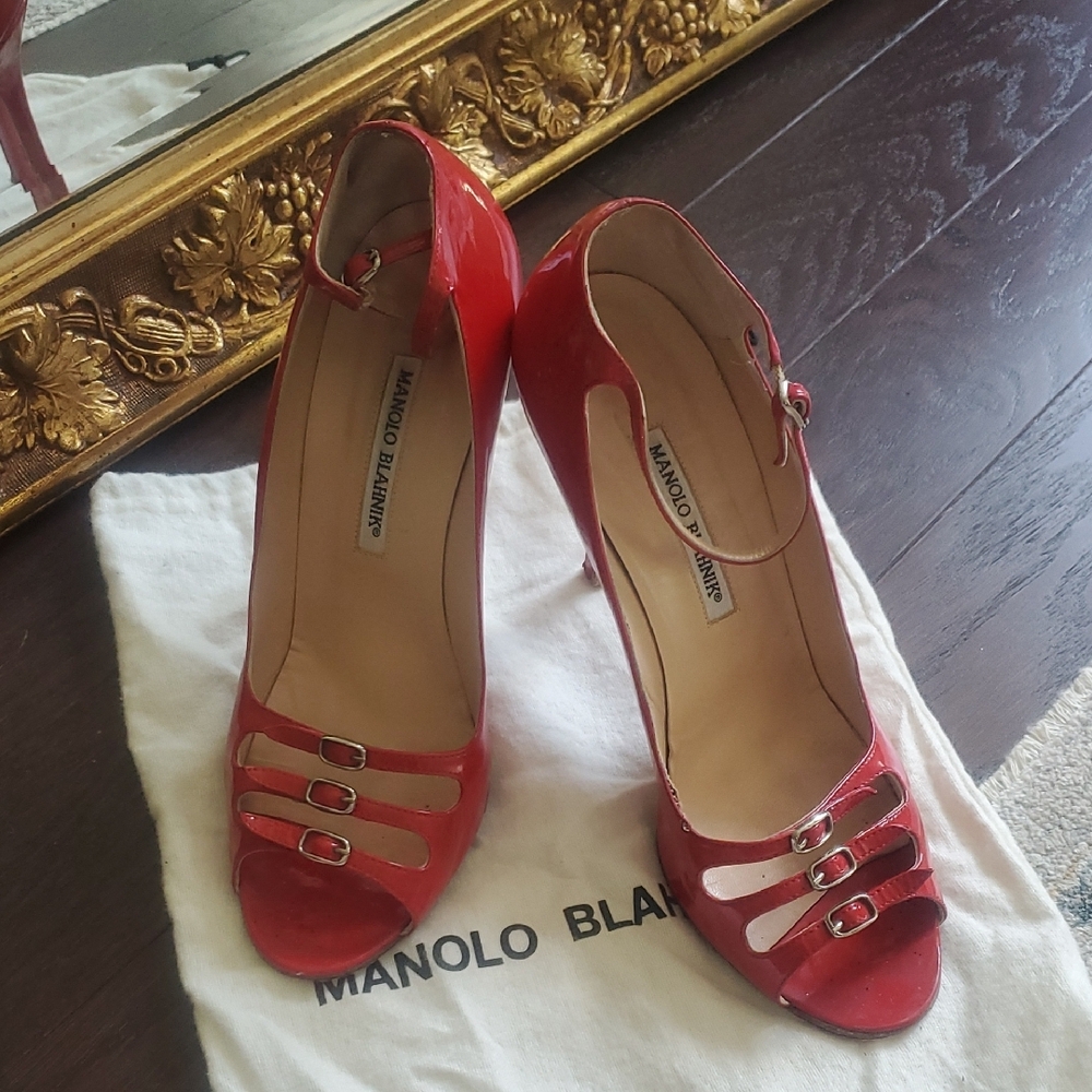 Manolo Blahnik Red Satin Peep-Toe Heels